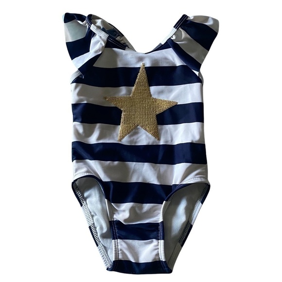 CAT & JACK-BLUE AND WHITE STRIPE SWIMSUIT - Picture 1 of 4